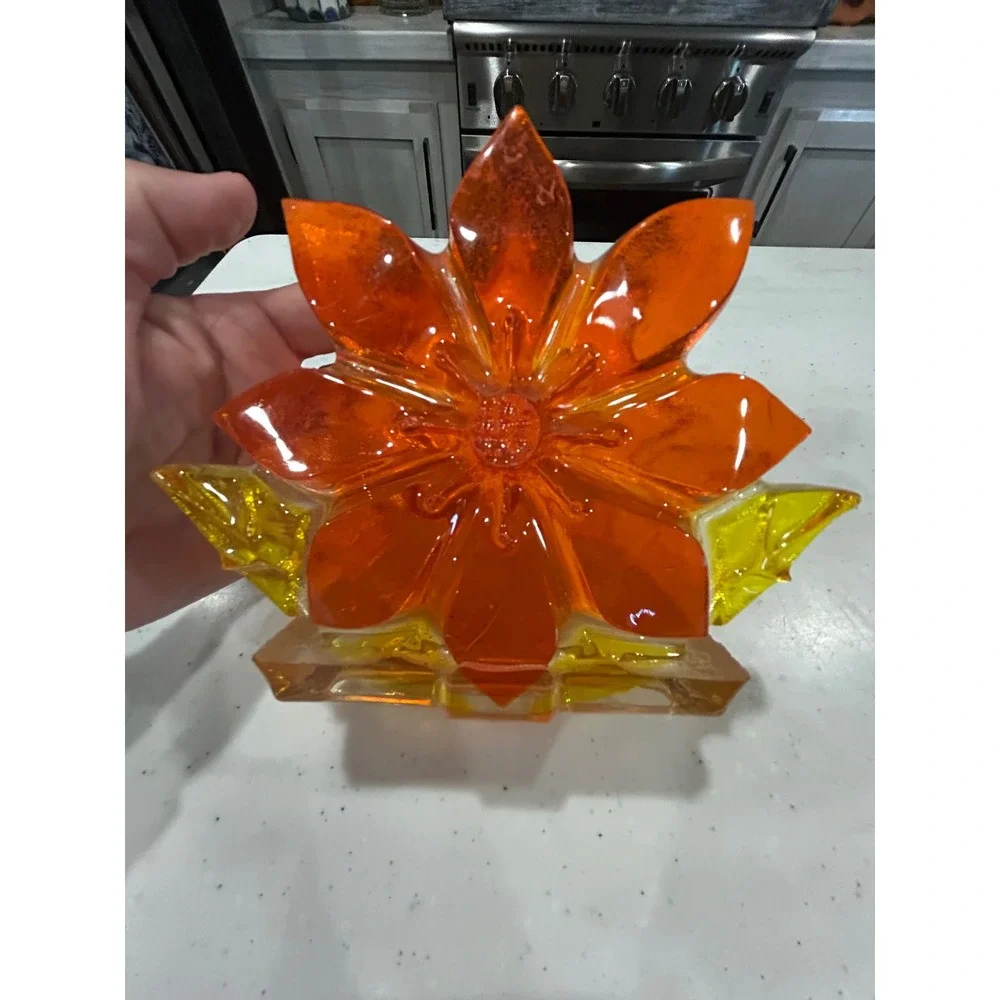 Vintage 1969 New Designs Inc Orange Resin Flower Napkin Letter Holder MCM USA